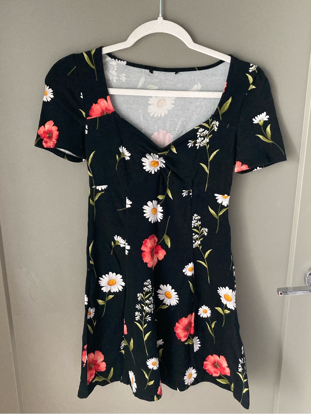 Black Floral Short-Sleeve V-Neck Dress
